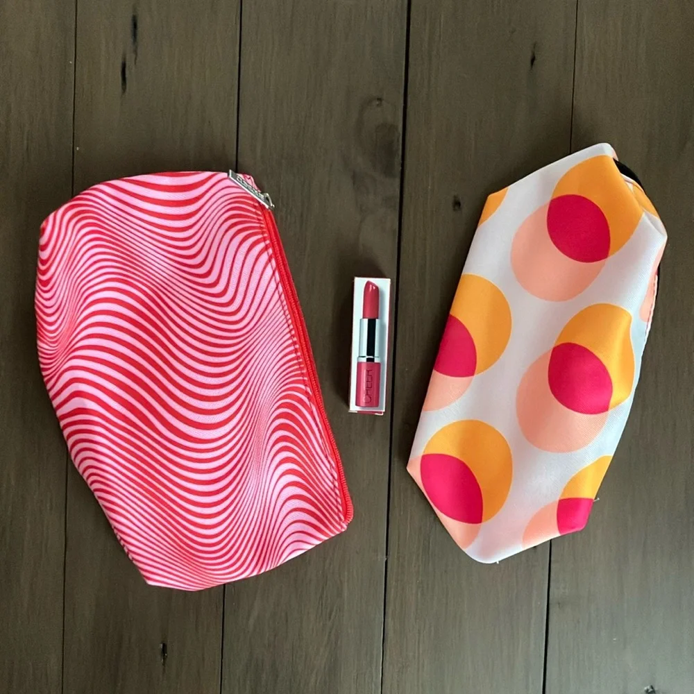 Clinique Cherry Pop Lipstick and Neon Makeup Bags